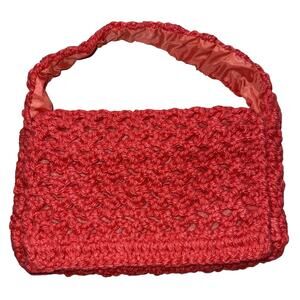Vintage 1970s Coral Pink Crochet Handbag Boho Lined Purse